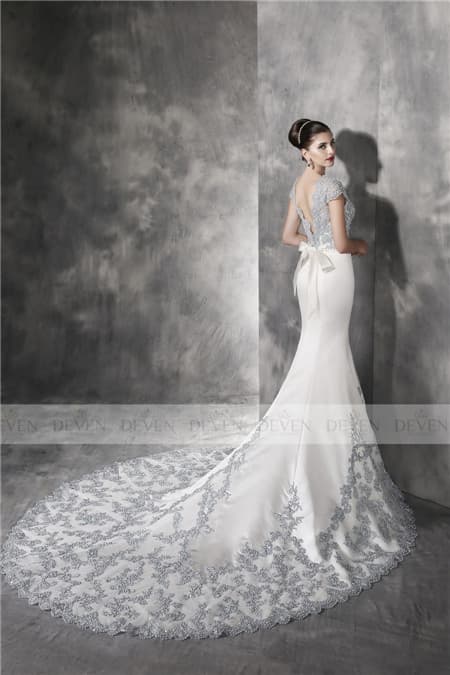 Long Sleeve Lace Applique Overskirt A_Line Gown_